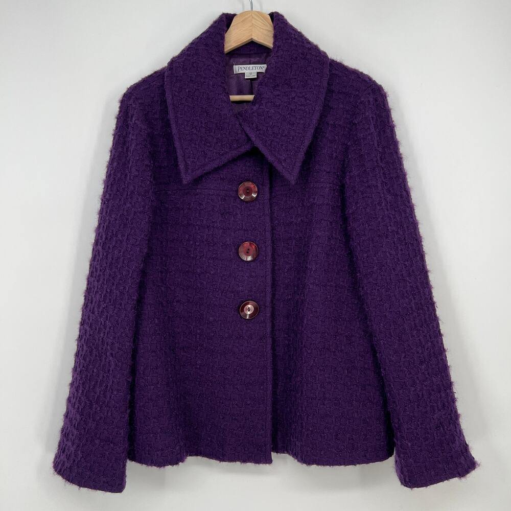 Pendleton Wool Mohair Blend Jacket Womens size 12 Purple Waffle Knit Button Coat
